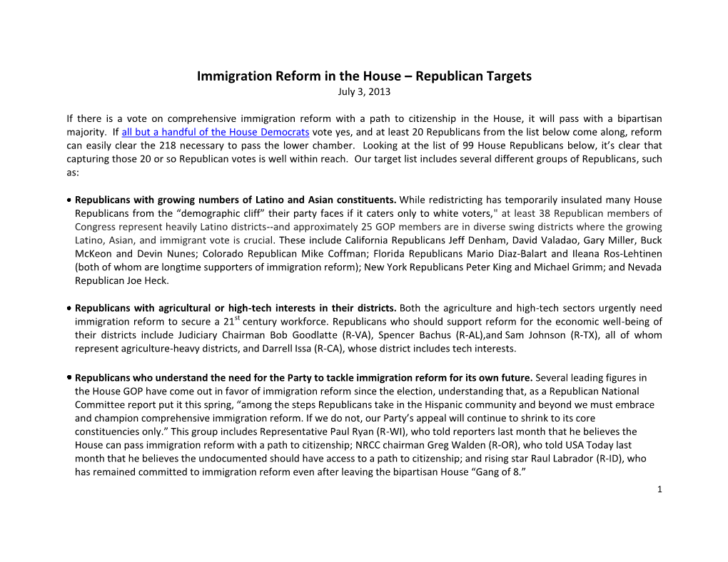 Immigration Reform in the House – Republican Targets July 3, 2013