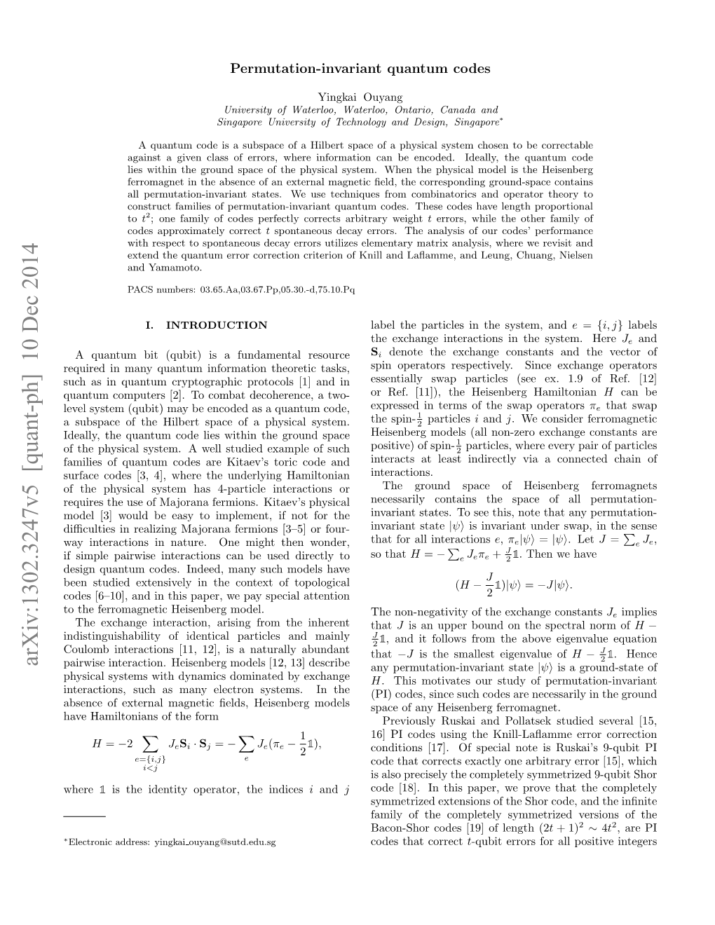 Arxiv:1302.3247V5 [Quant-Ph] 10 Dec 2014 Pairwise Interaction