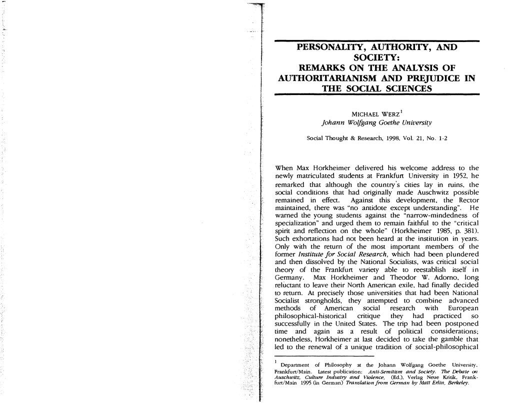 Personality, Authority, and Society: Remarks on the Analysis of Authoritarianism and Prejudice in I the Social Sciences