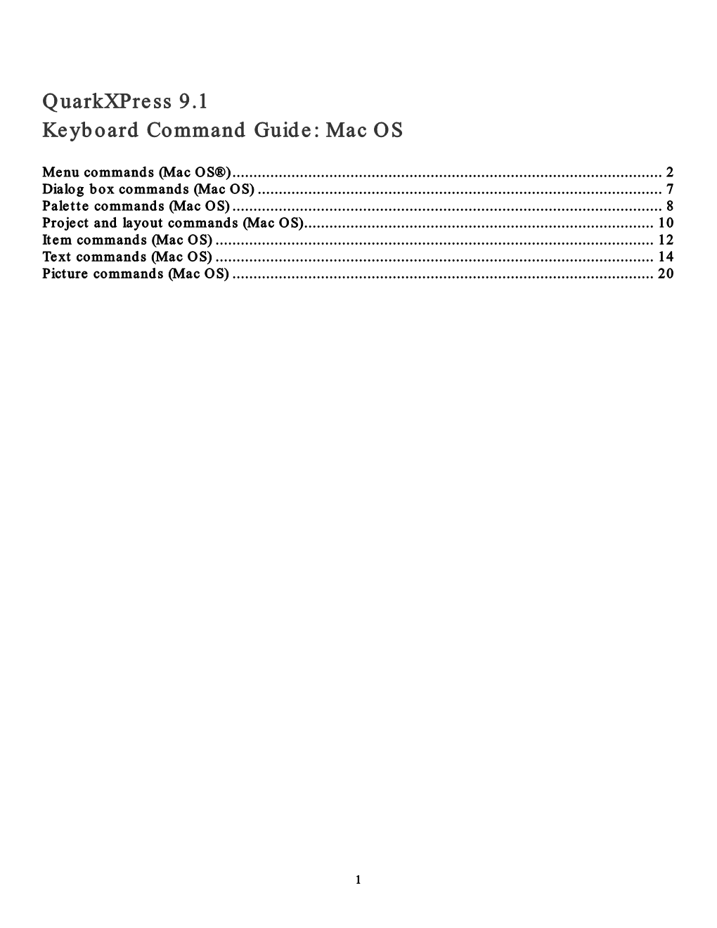 Quarkxpress 9.1 Keyboard Command Guide: Mac OS