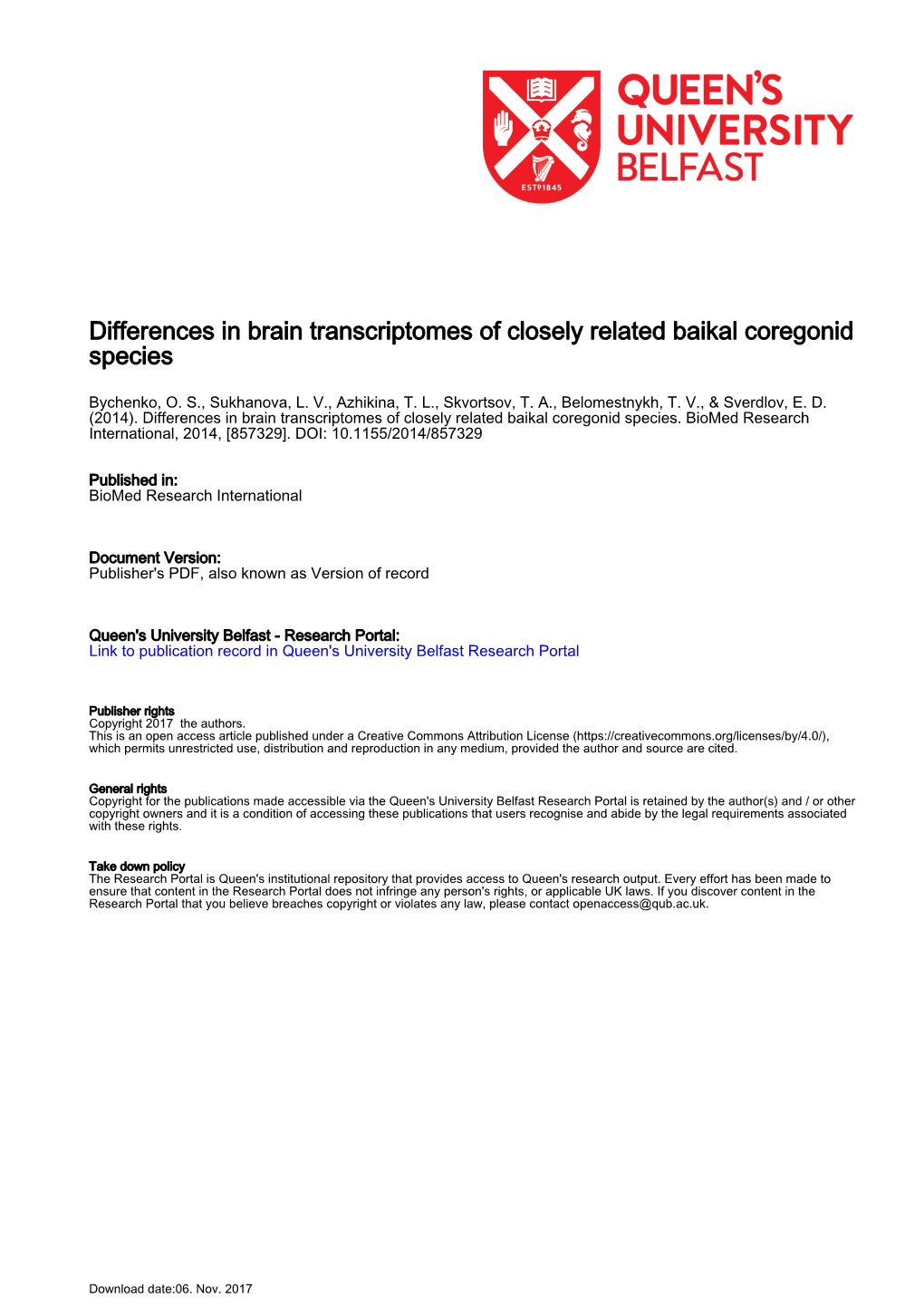 Differences in Brain Transcriptomes of Closely Related Baikal Coregonid Species