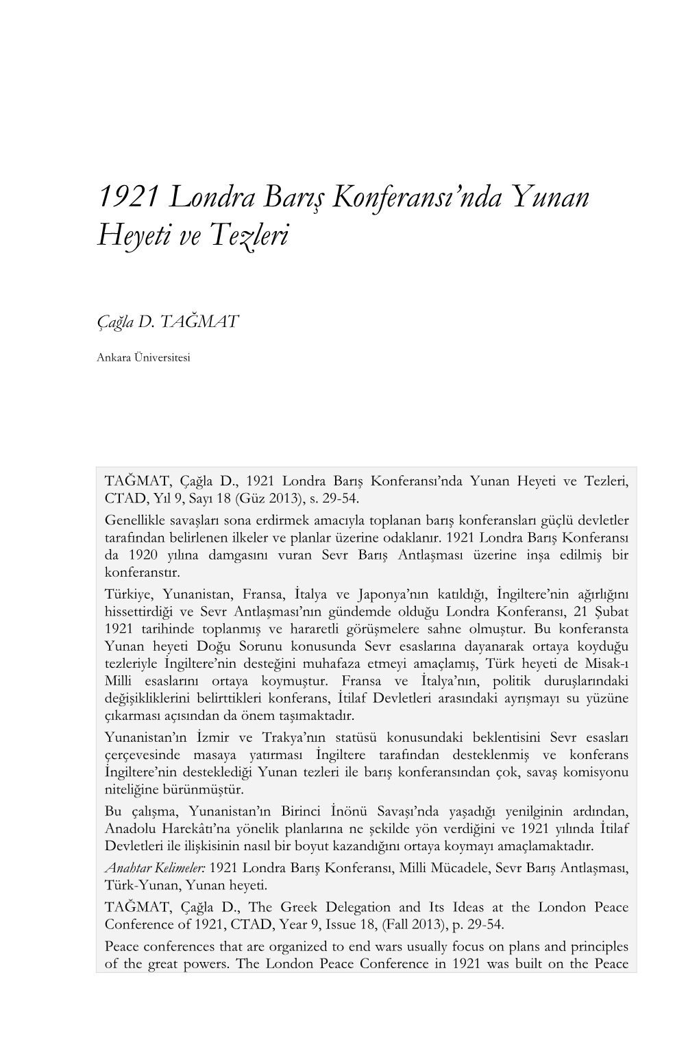 1921 Londra Barış Konferansı'nda Yunan Heyeti Ve Tezleri