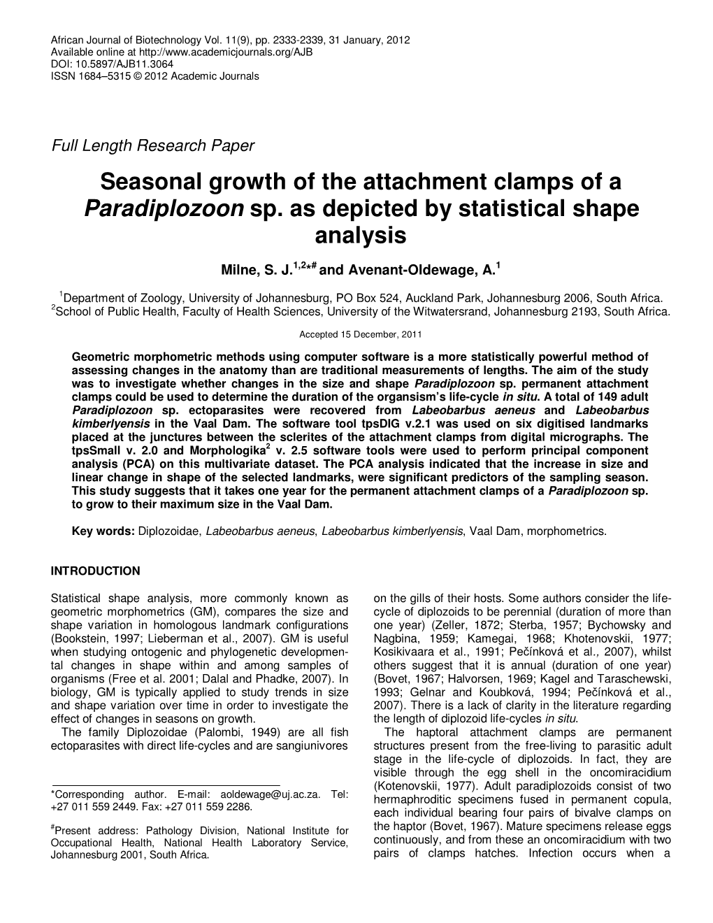 Seasonal Growth of the Attachment Clamps of a Paradiplozoon Sp