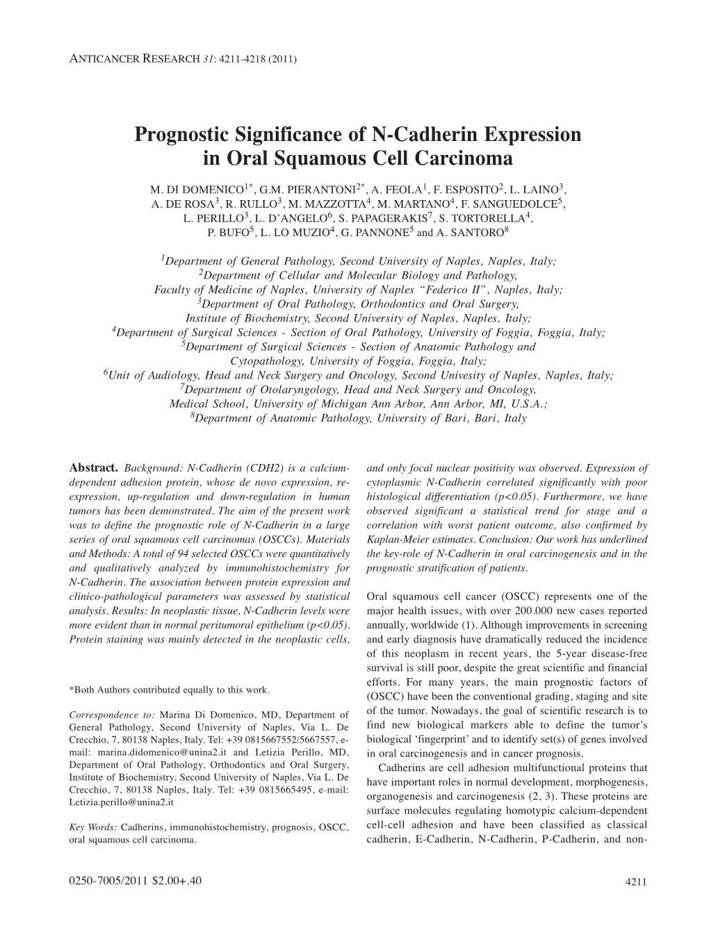 Prognostic Significance of N-Cadherin Expression in Oral Squamous Cell Carcinoma