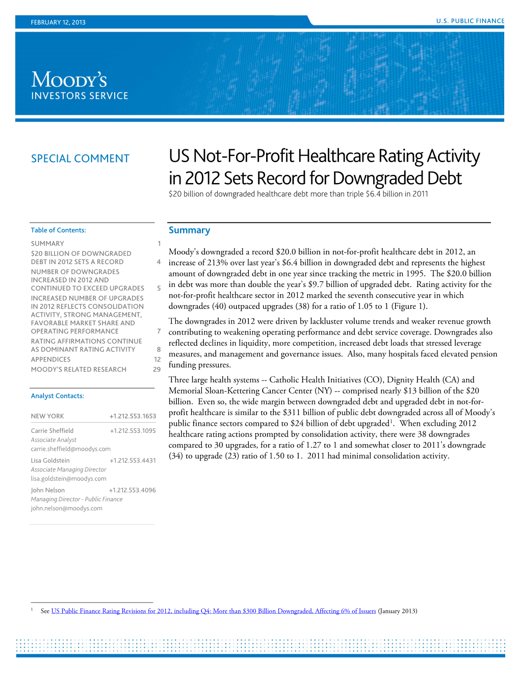 Us Not-For-Profit Healthcare Rating Activity in 2012 Sets Record for Downgraded Debt