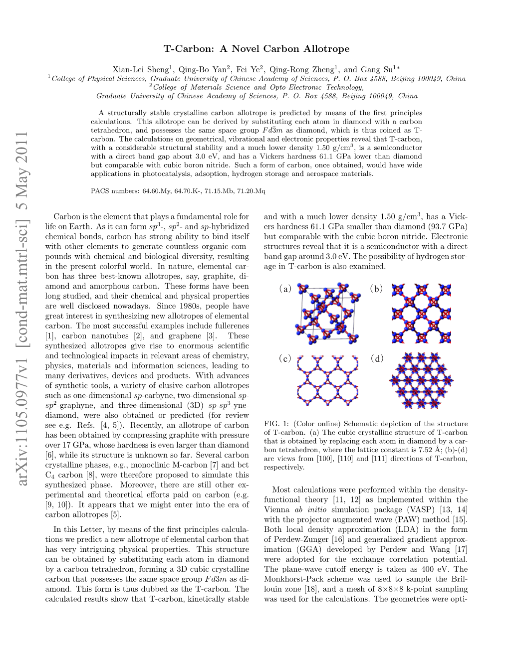 Arxiv:1105.0977V1 [Cond-Mat.Mtrl-Sci] 5 May 2011 Mn.Ti Omi Hsdbe Stetcro.The Stable Kinetically T-Carbon