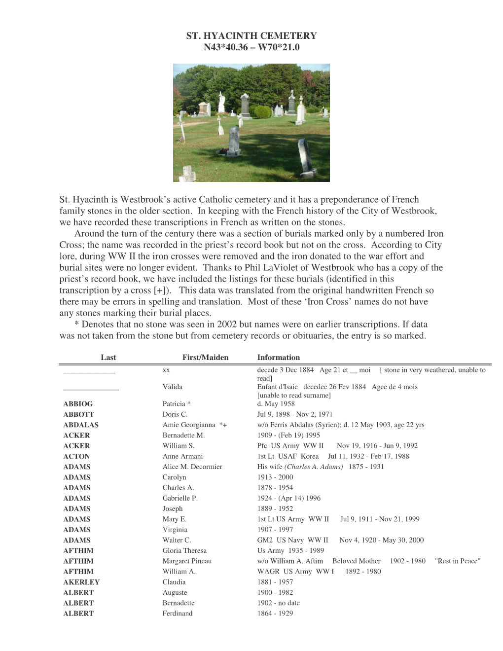 St. Hyacinth Cemetery N43*40.36 – W70*21.0