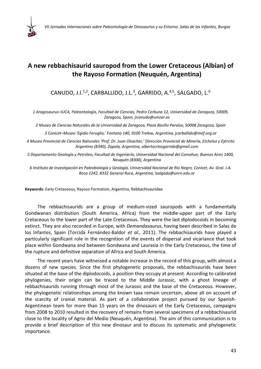 A New Rebbachisaurid Sauropod from the Lower Cretaceous (Albian) of the Rayoso Formation (Neuquén, Argentina)