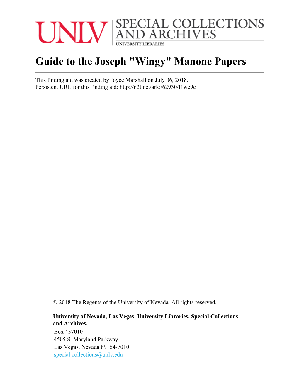 Guide to the Joseph "Wingy" Manone Papers
