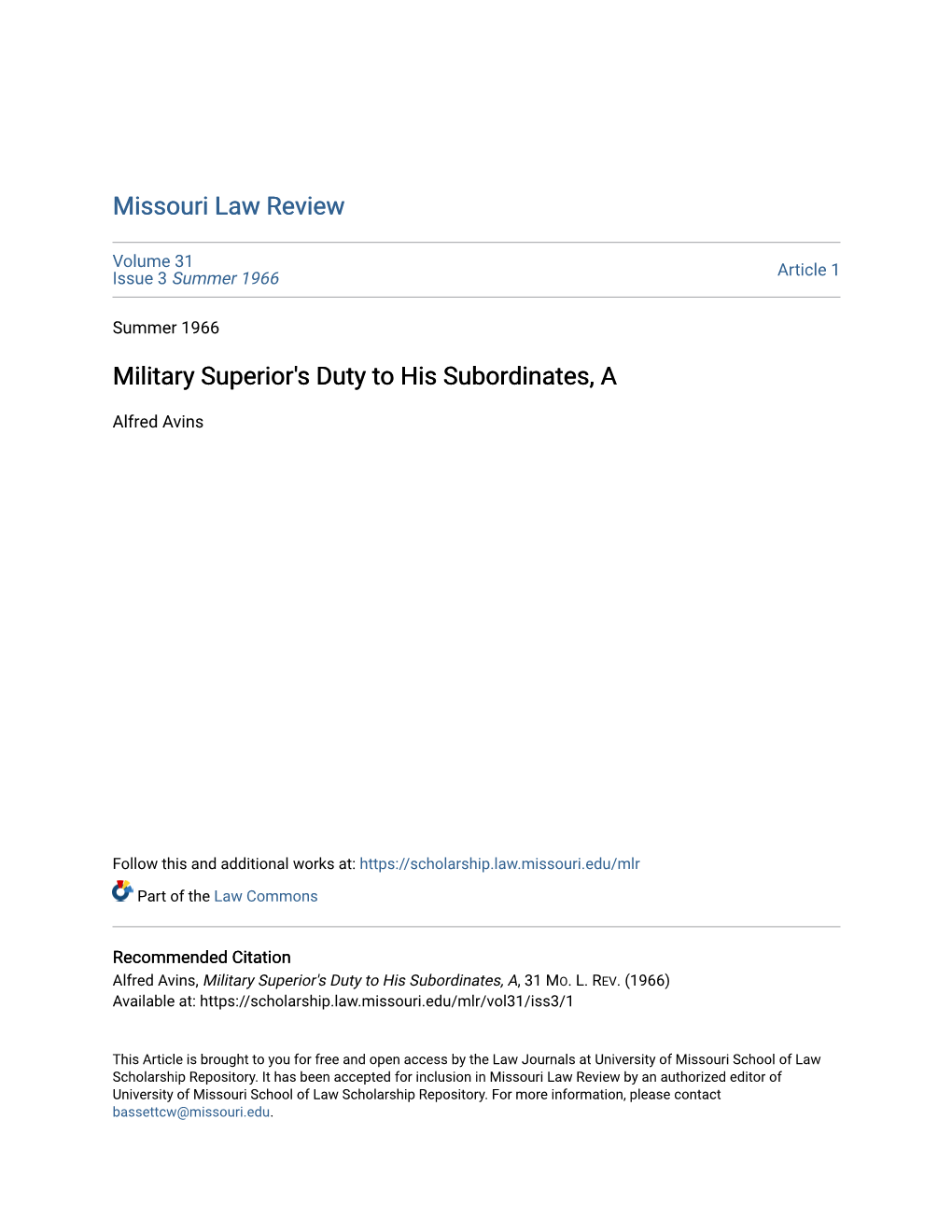 Military Superior's Duty to His Subordinates, A