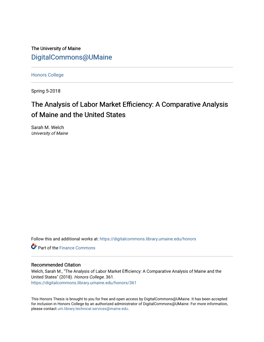 The Analysis of Labor Market Efficiency: a Comparative Analysis of Maine and the United States