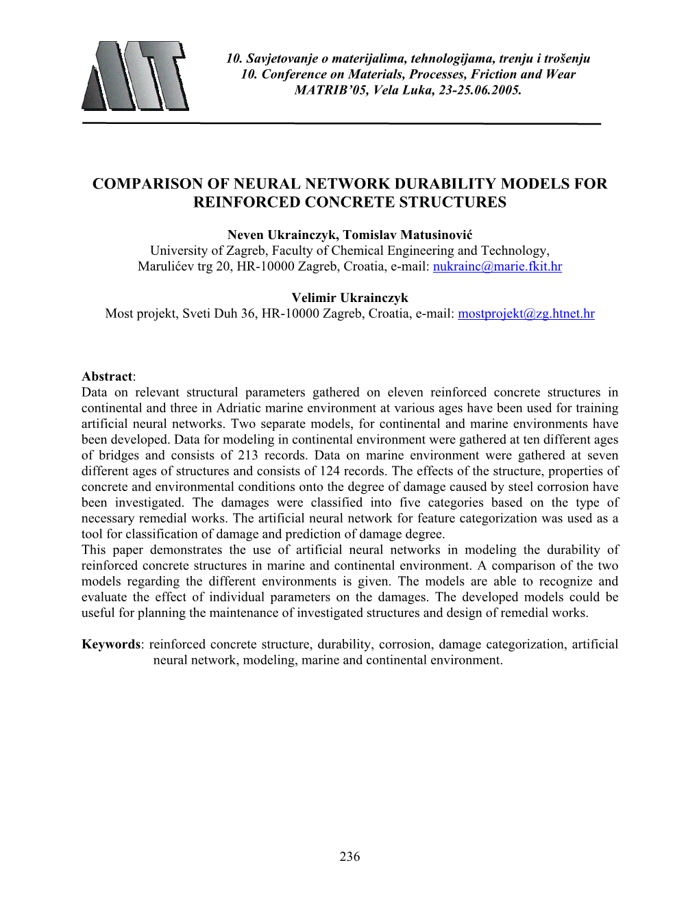 Comparison of Neural Network Durability Models for Reinforced Concrete Structures