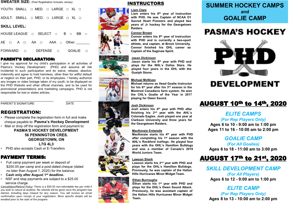 Summer Hockey Camps Youth: Small □ Med