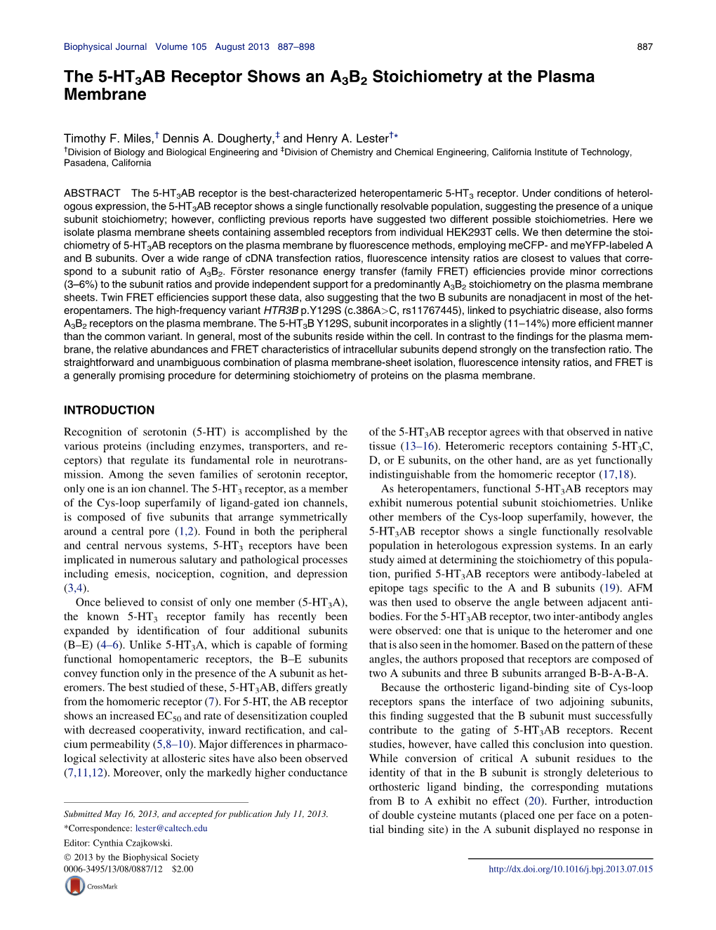 The 5-HT3AB Receptor Shows an A3B2 Stoichiometry at the Plasma Membrane