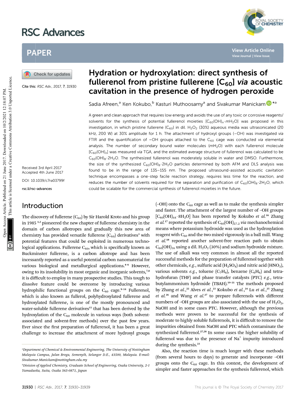 Direct Synthesis of Fullerenol from Pristine Fullerene [C60]