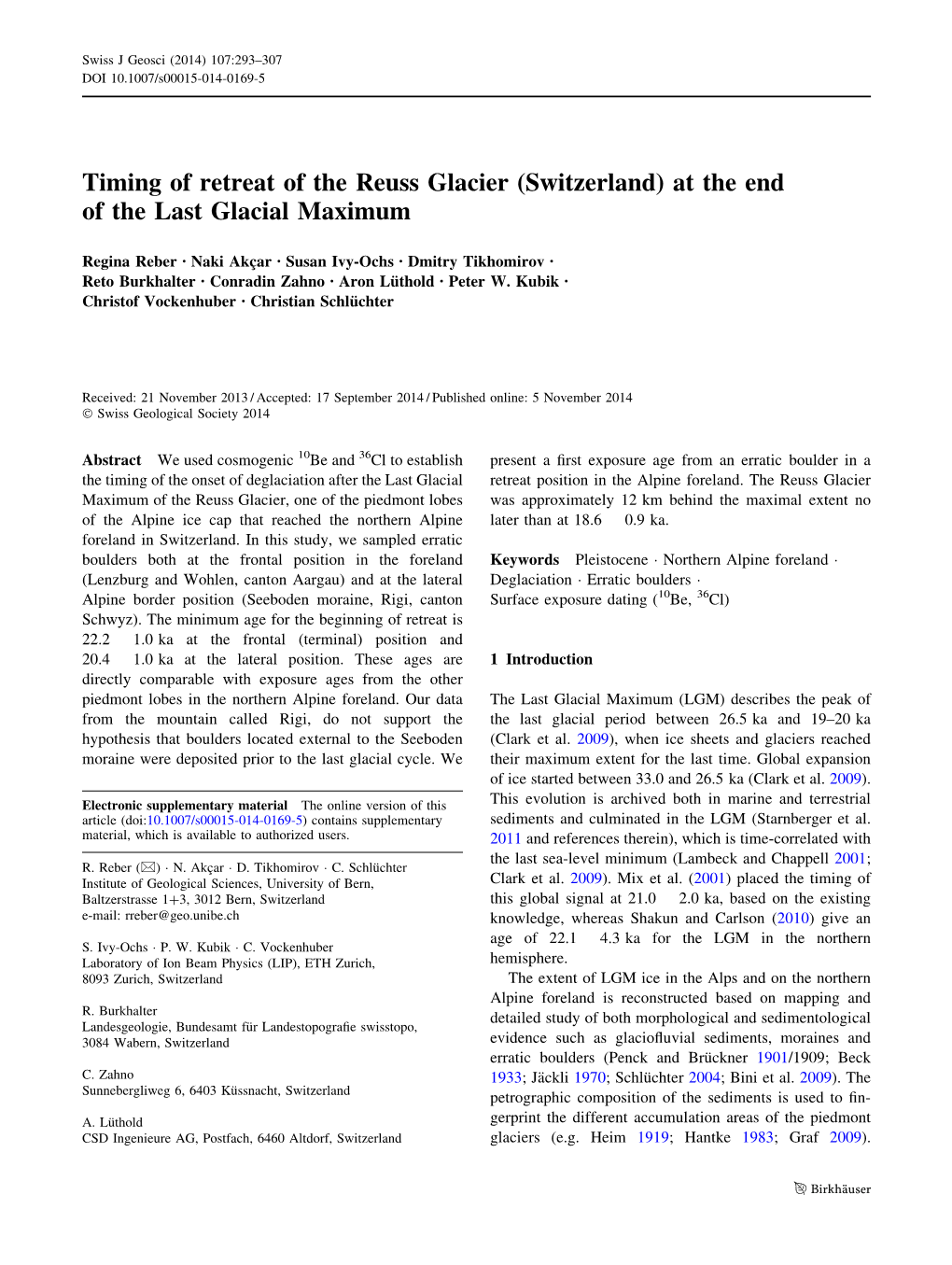 Timing of Retreat of the Reuss Glacier (Switzerland) at the End of the Last Glacial Maximum