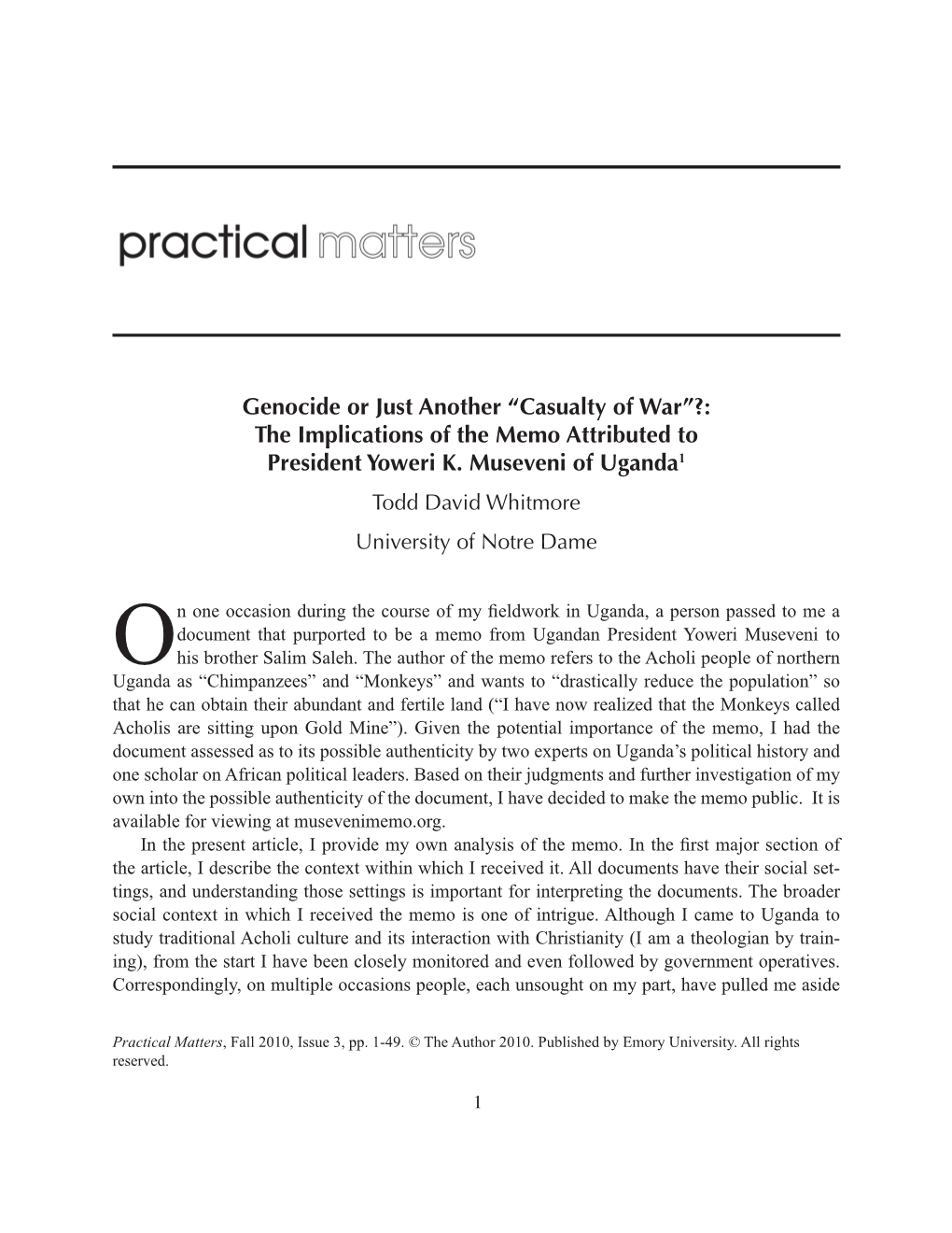 Genocide Or Just Another “Casualty of War”?: the Implications of the Memo Attributed to President Yoweri K