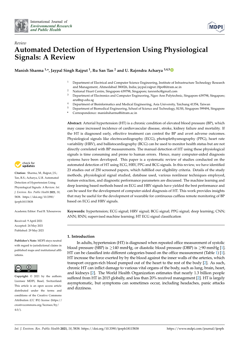 Automated Detection of Hypertension Using Physiological Signals: a Review