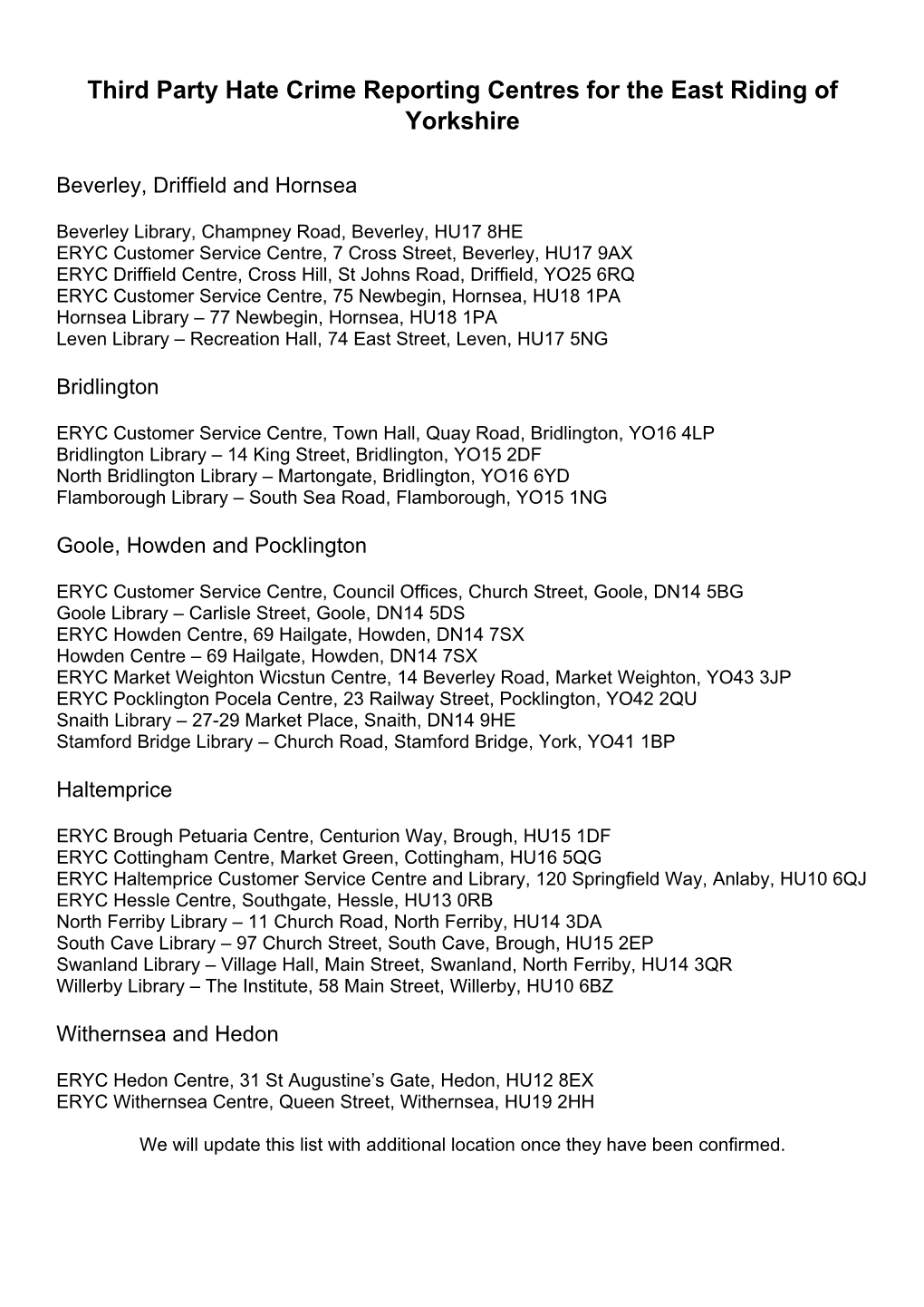 Third Party Hate Crime Reporting Centres for the East Riding of Yorkshire