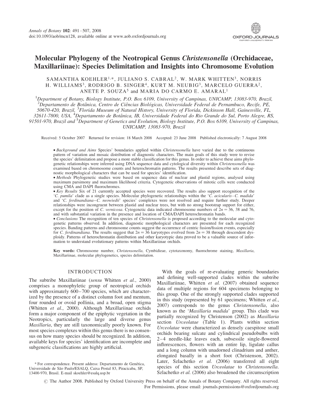 Molecular Phylogeny of the Neotropical Genus Christensonella (Orchidaceae, Maxillariinae): Species Delimitation and Insights Into Chromosome Evolution