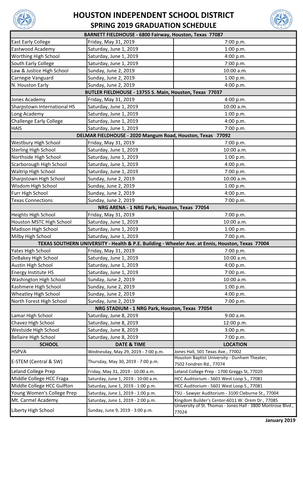 Full HISD Graduation Schedule