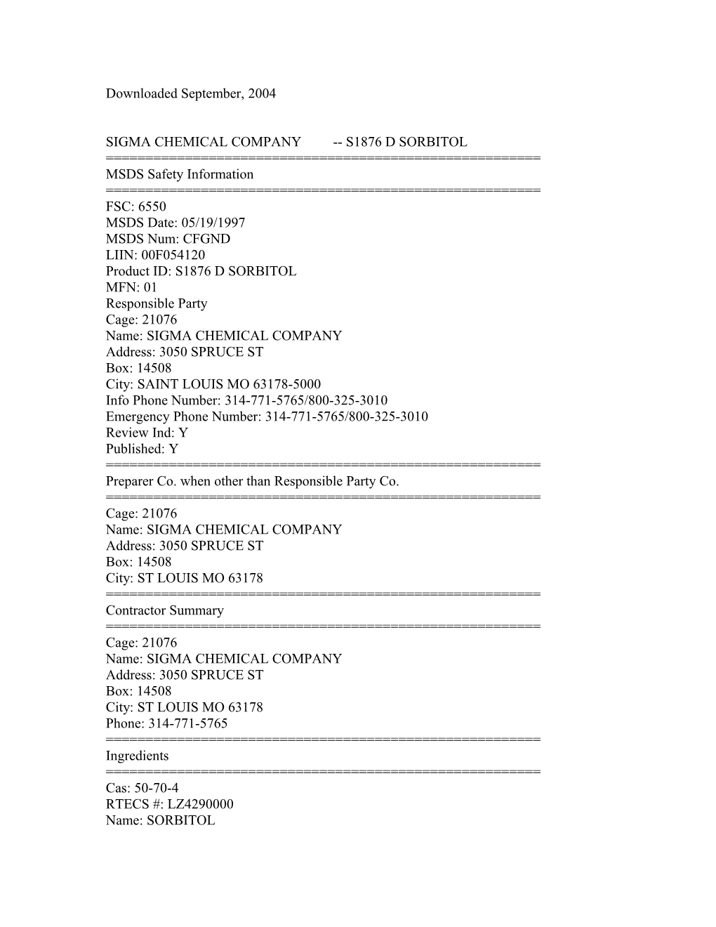 Sigma Chemical Company S1876 D Sorbitol