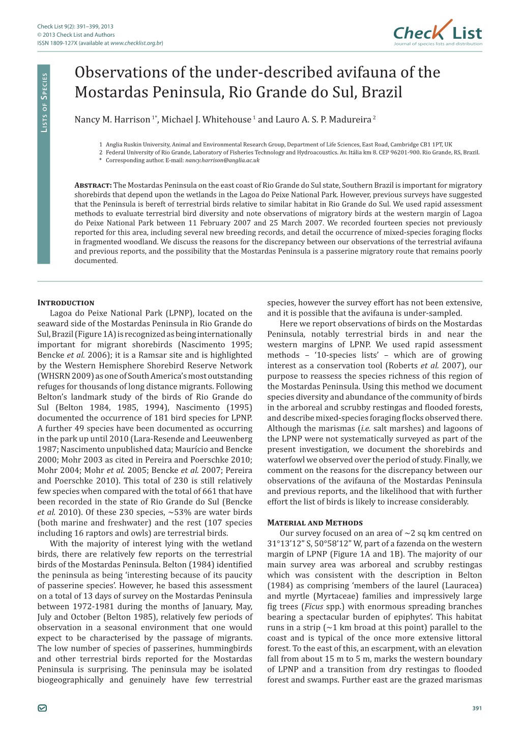 Check List 9(2): 391–399, 2013 © 2013 Check List and Authors Chec List ISSN 1809-127X (Available at Journal of Species Lists and Distribution