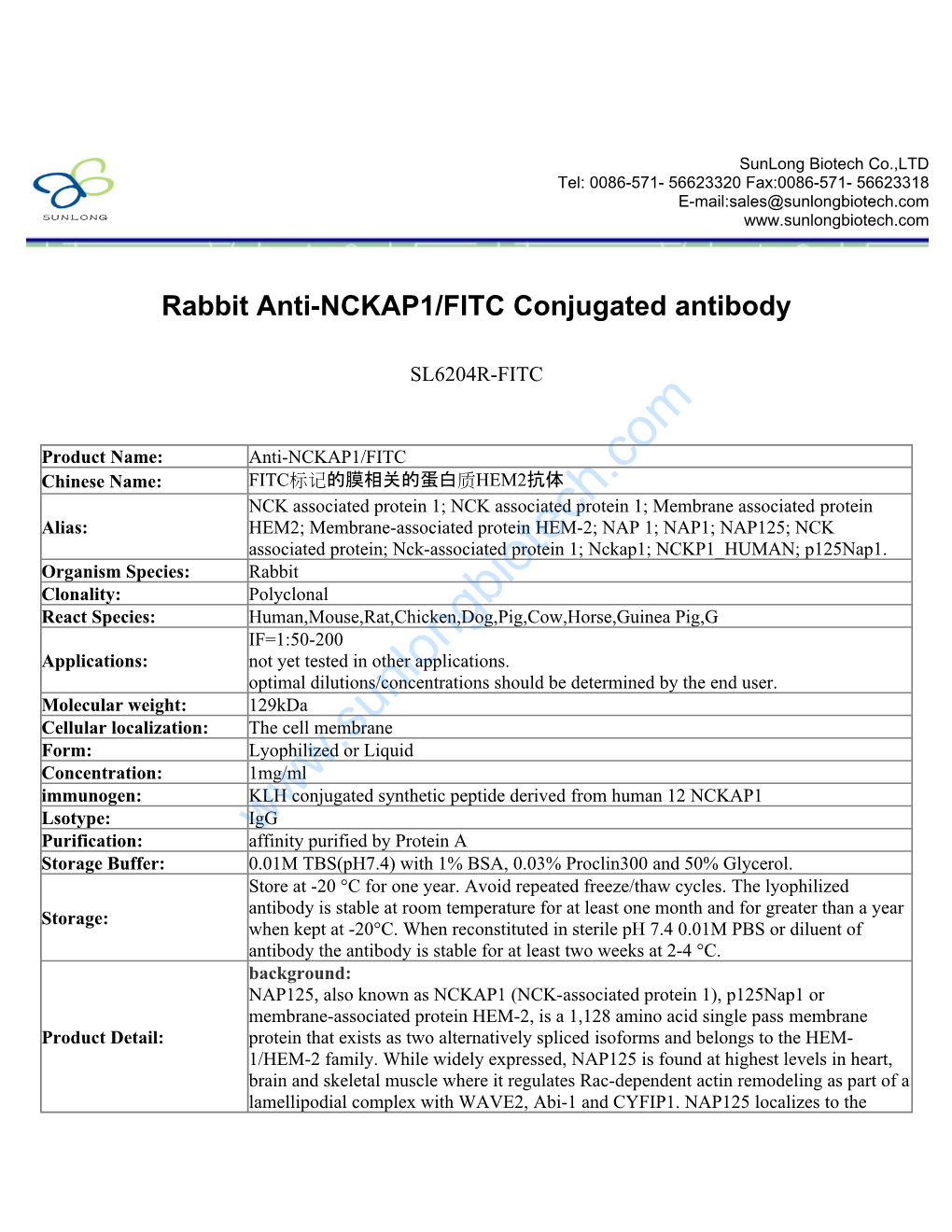 Rabbit Anti-NCKAP1/FITC Conjugated Antibody-SL6204R-FITC