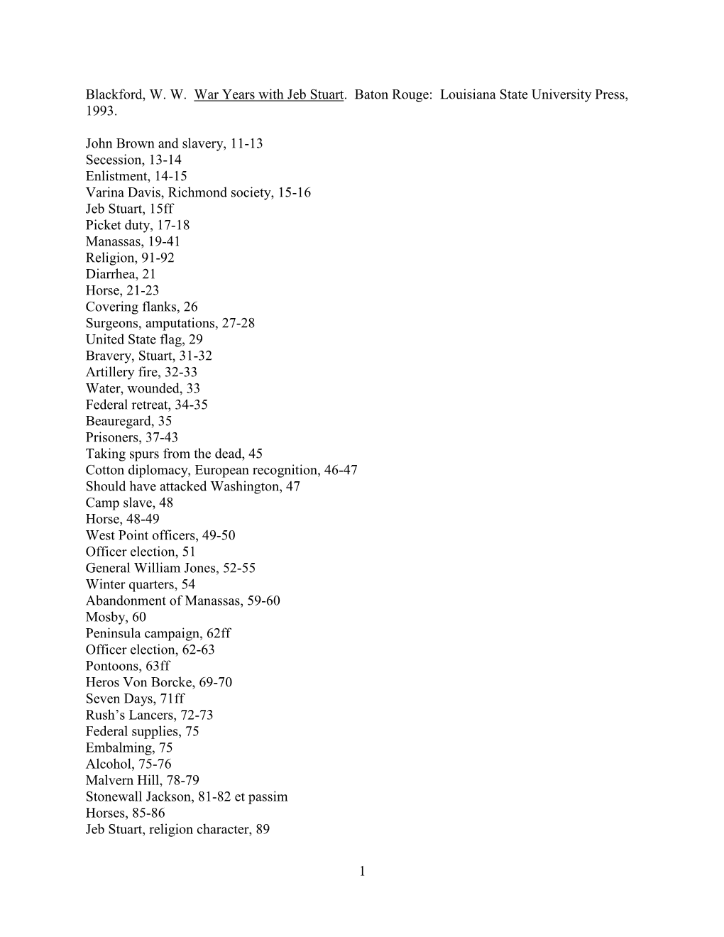 1 Blackford, W. W. War Years with Jeb Stuart. Baton Rouge: Louisiana