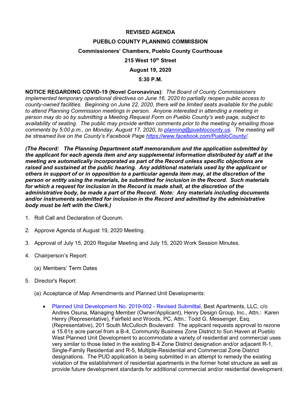 REVISED AGENDA PUEBLO COUNTY PLANNING COMMISSION Commissioners’ Chambers, Pueblo County Courthouse 215 West 10Th Street August 19, 2020 5:30 P.M