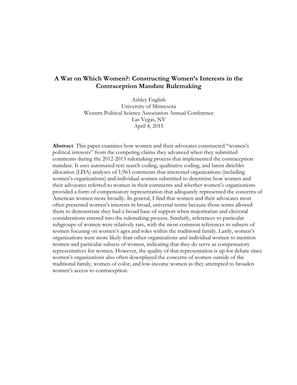 A War on Which Women?: Constructing Women’S Interests in the Contraception Mandate Rulemaking