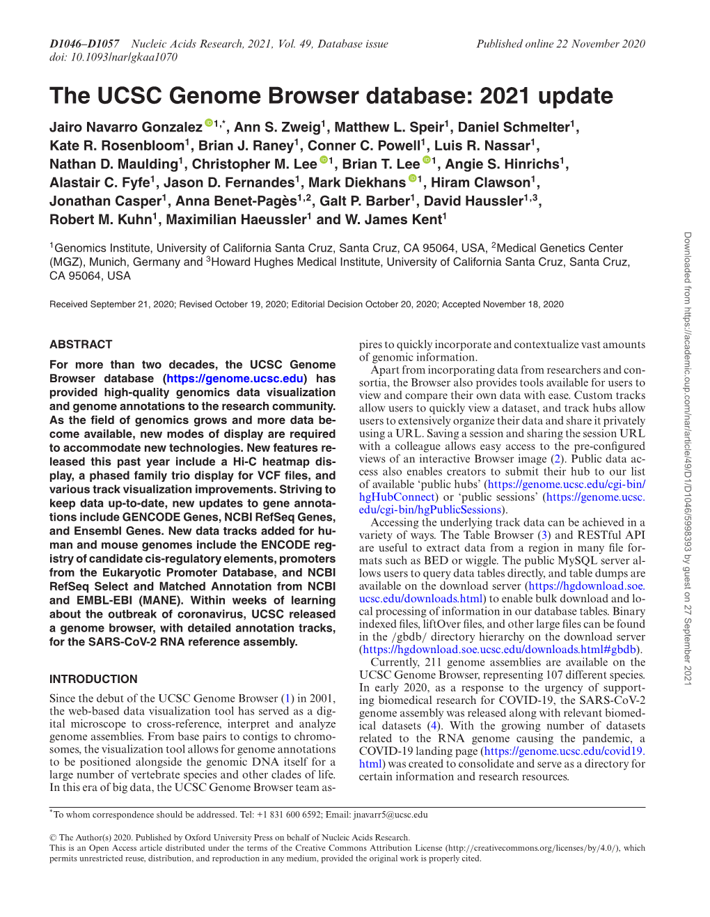 The UCSC Genome Browser Database: 2021 Update Jairo Navarro Gonzalez 1,*, Ann S