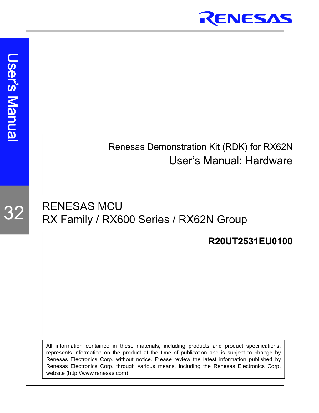 Renesas RX62N RDK User's Manual