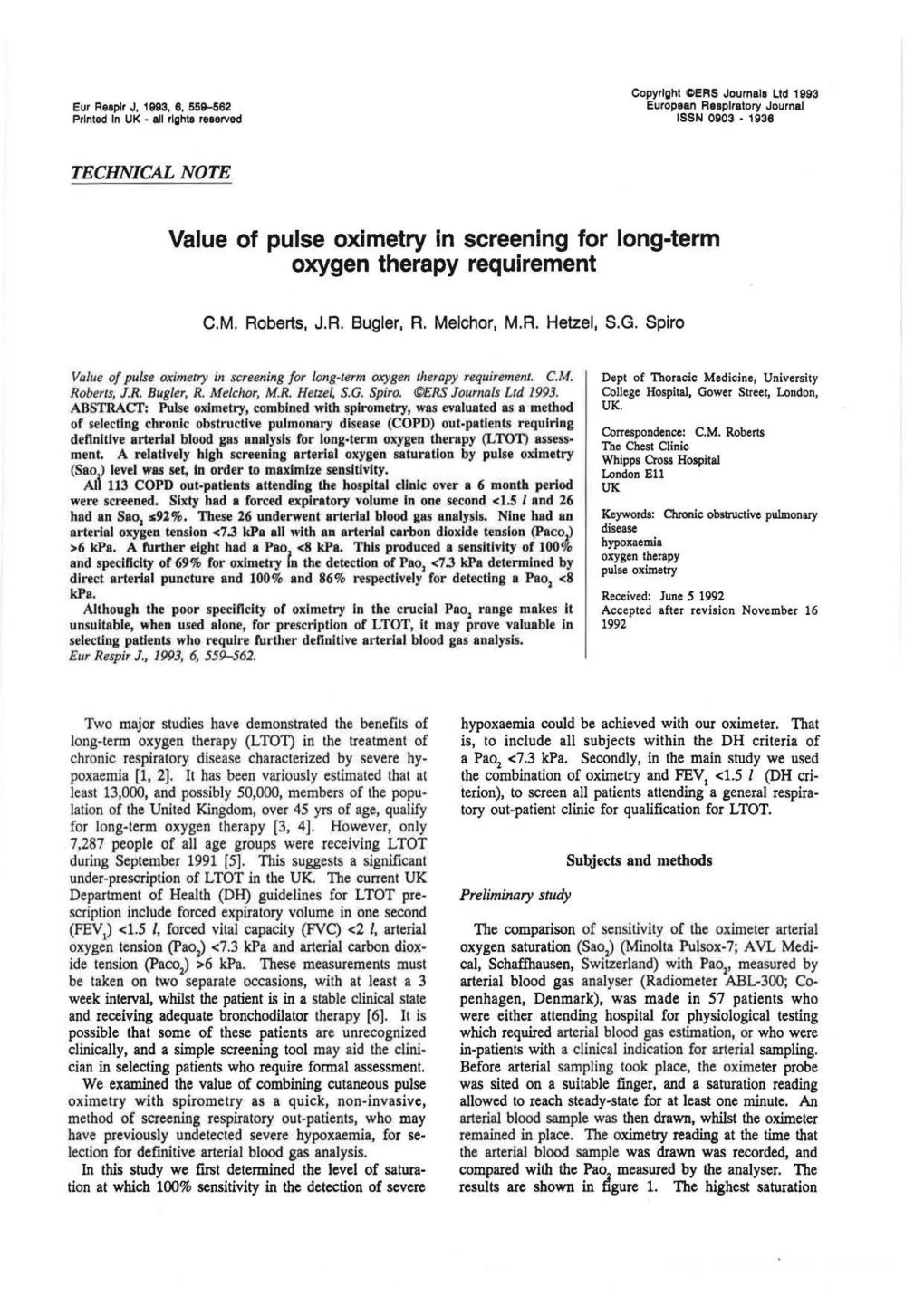 Value of Pulse Oximetry in Screening for Long-Term Oxygen Therapy Requirement