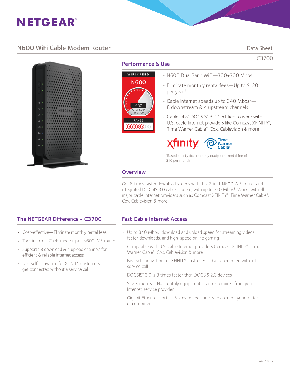 N600 Wifi Cable Modem Router Data Sheet C3700 Performance & Use