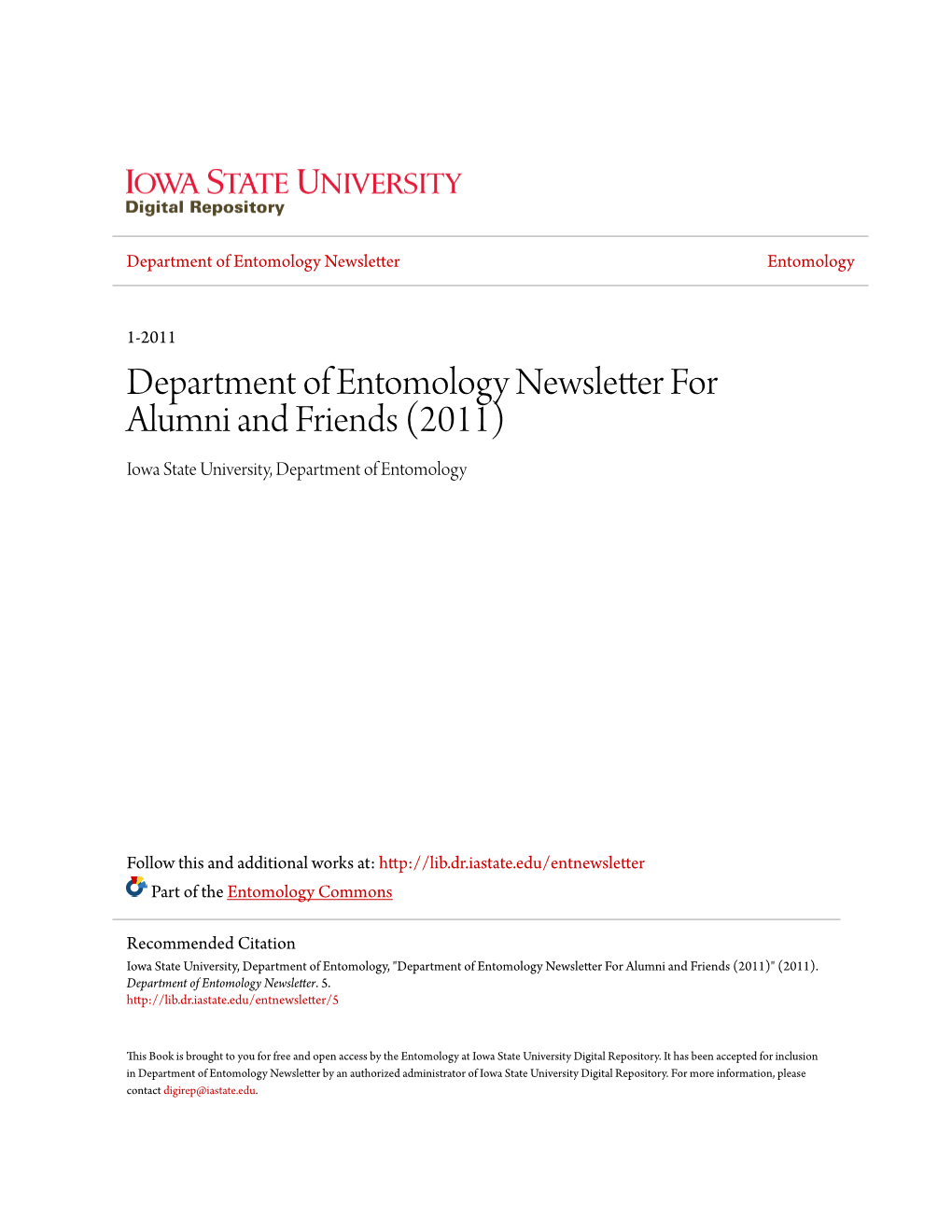 Department of Entomology Newsletter for Alumni and Friends (2011) Iowa State University, Department of Entomology