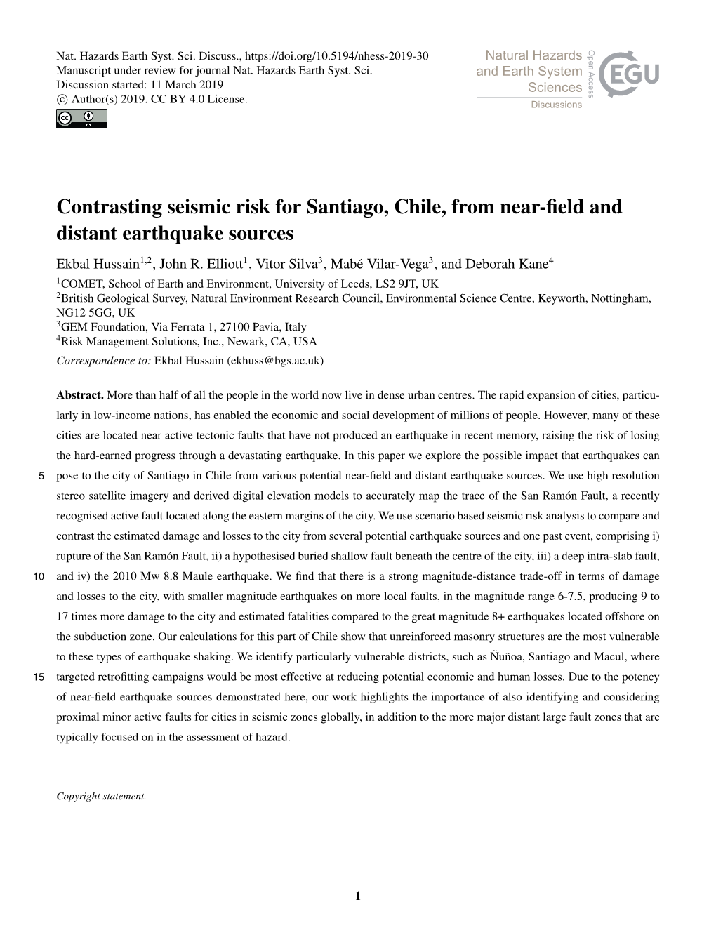 Contrasting Seismic Risk for Santiago, Chile, from Near-Field And