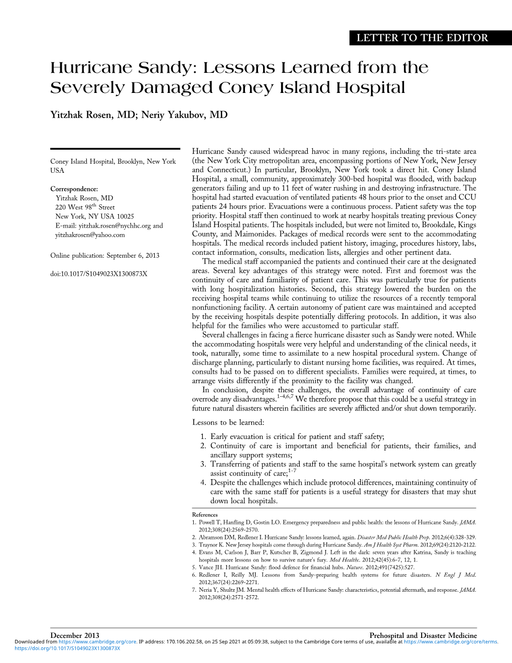 Hurricane Sandy: Lessons Learned from the Severely Damaged Coney Island Hospital