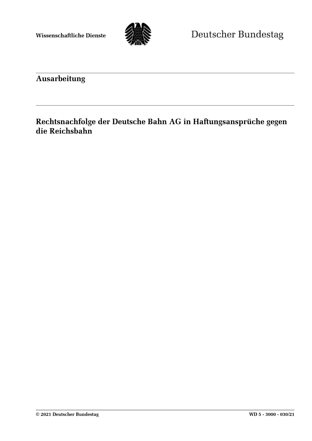 Rechtsnachfolge Der Deutsche Bahn AG in Haftungsansprüche Gegen Die Reichsbahn