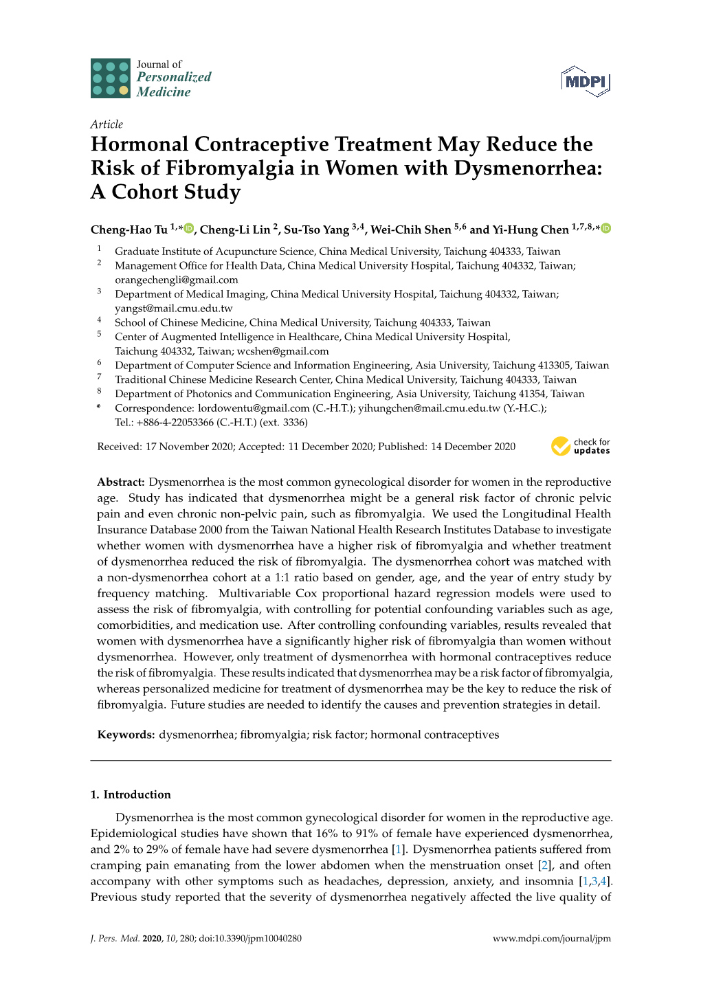 Hormonal Contraceptive Treatment May Reduce the Risk of Fibromyalgia in Women with Dysmenorrhea: a Cohort Study