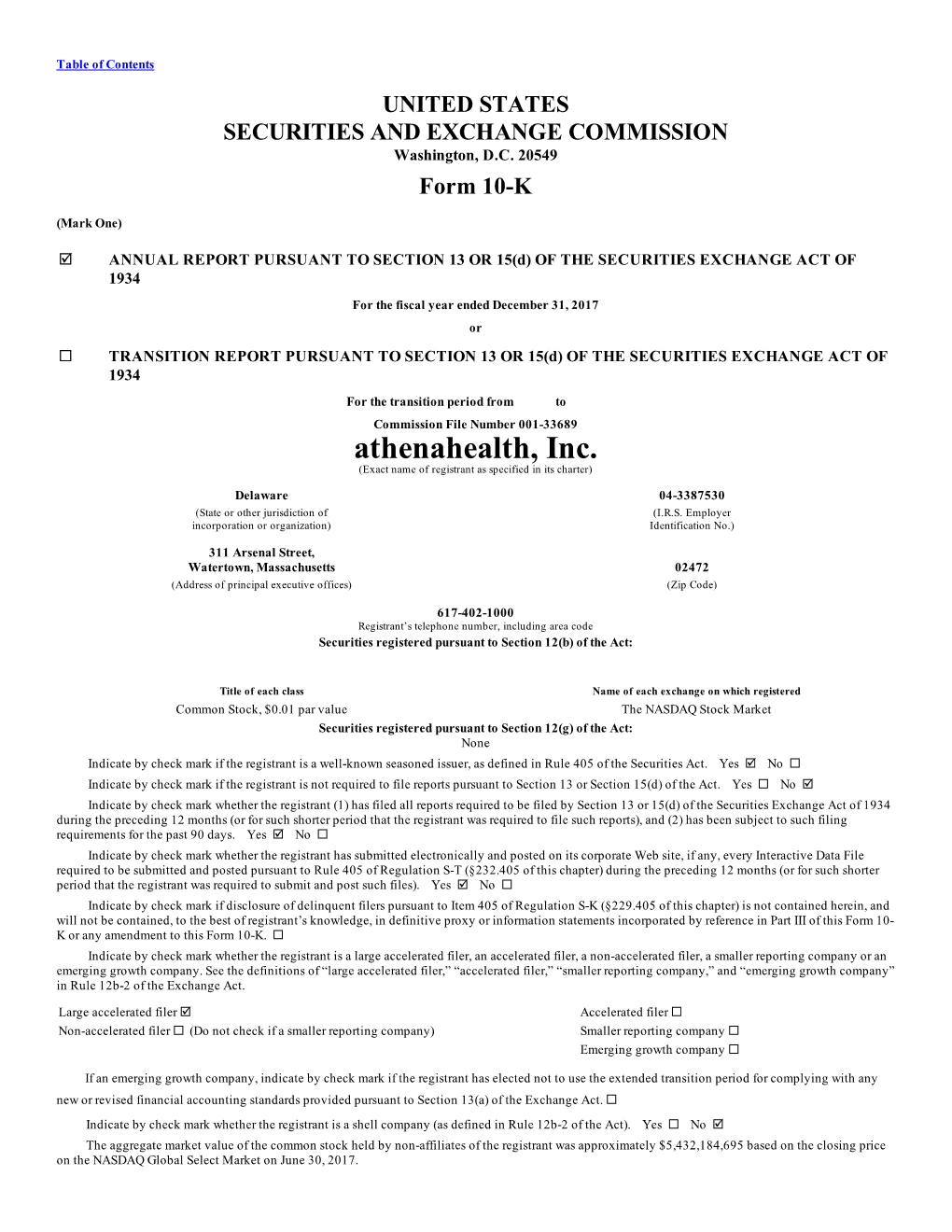 Athenahealth, Inc. (Exact Name of Registrant As Specified in Its Charter)