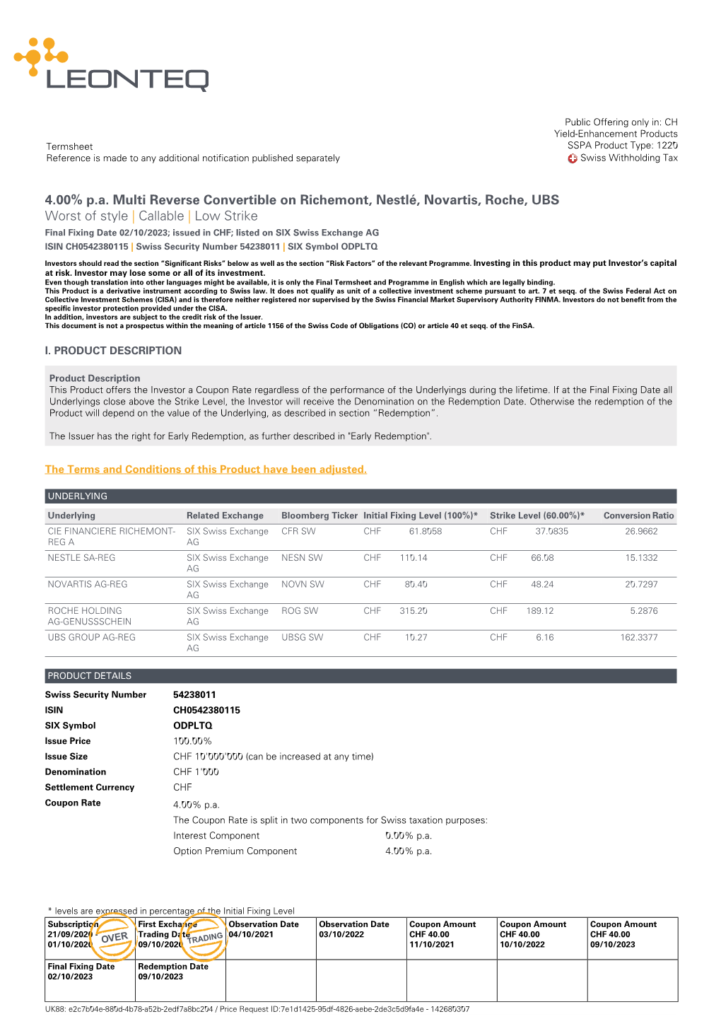 4.00% Pa Multi Reverse Convertible on Richemont, Nestlé, Novartis