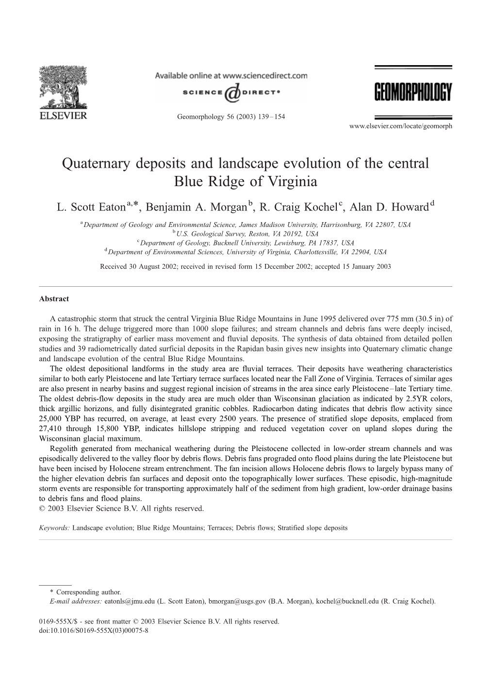 Quaternary Deposits and Landscape Evolution of the Central Blue Ridge of Virginia