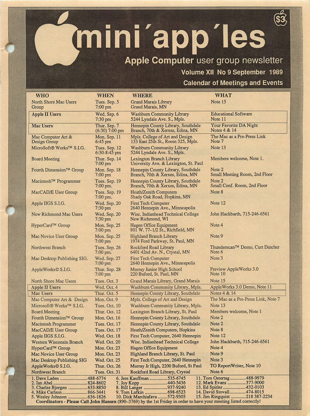 Apple Computer User Group Newsletter Volume XII No 9 September 1989 Calendar of Meetings and Events Mmmmmmmmmmmm WHO WHEN W H E R E W H a T North Shore Mac Users Tues