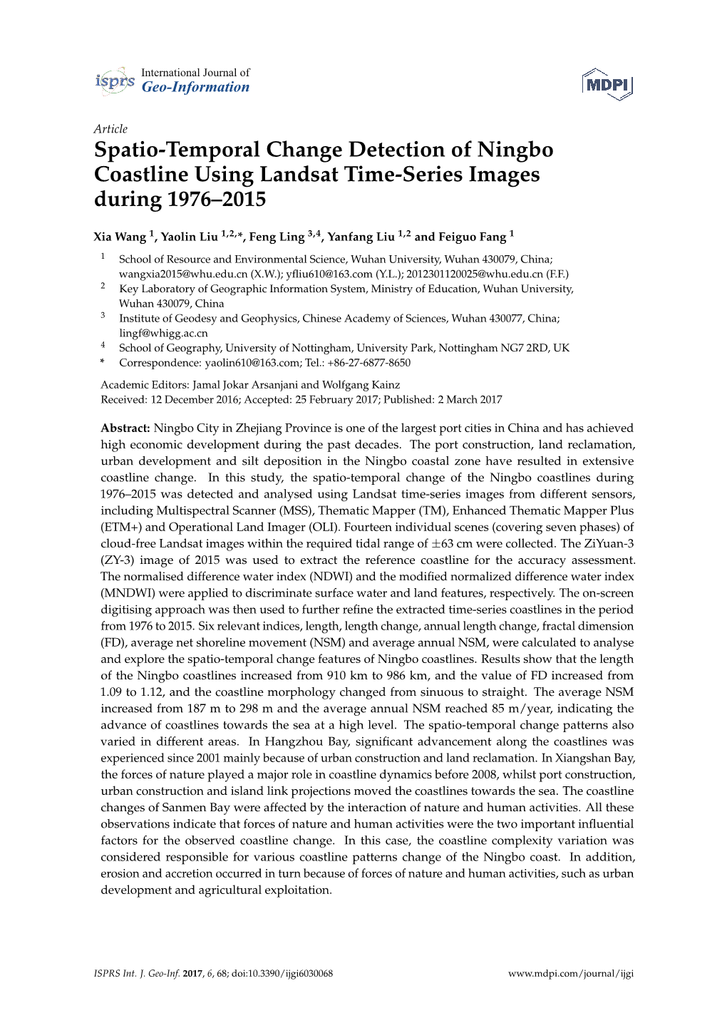 Spatio-Temporal Change Detection of Ningbo Coastline Using Landsat Time-Series Images During 1976–2015