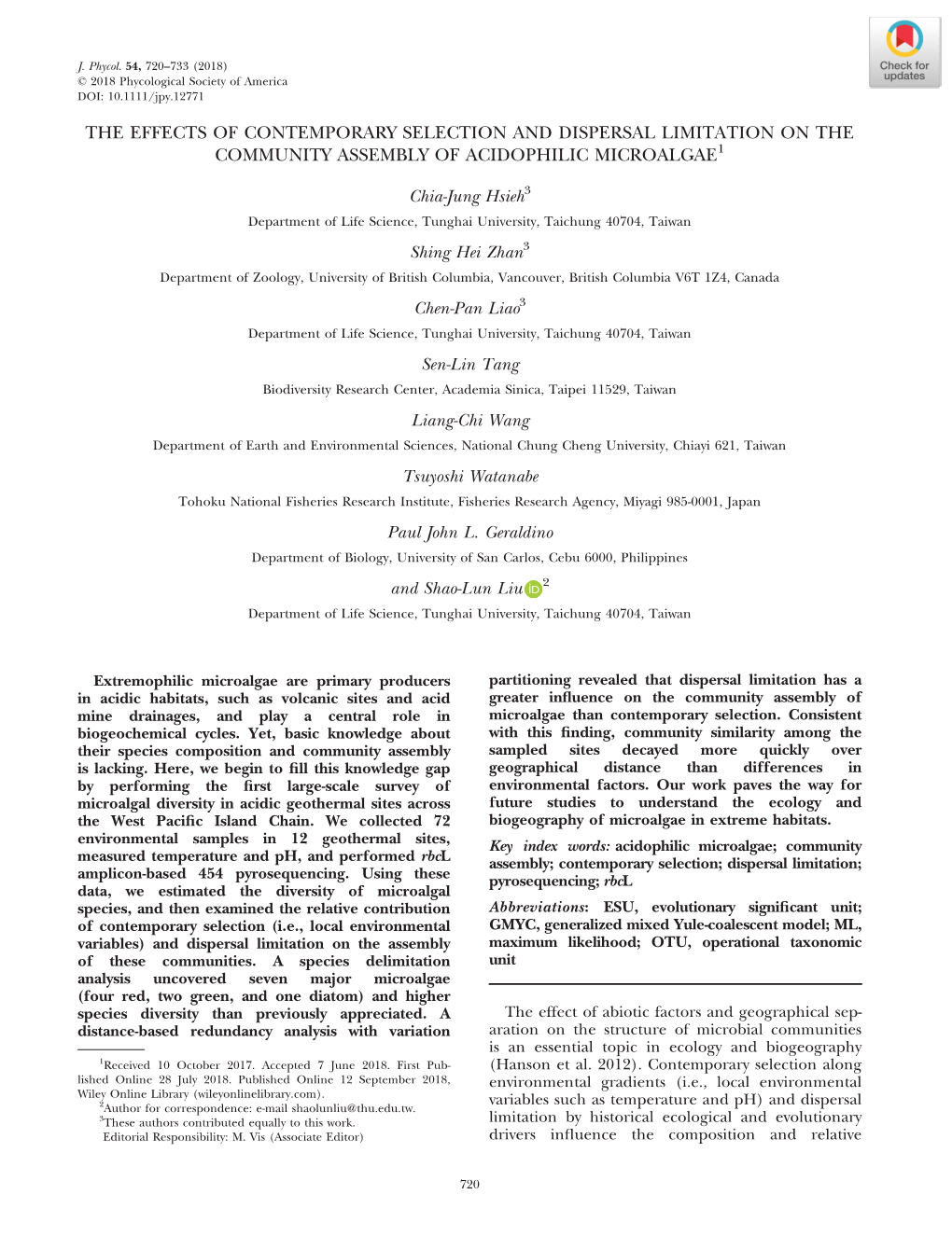 The Effects of Contemporary Selection and Dispersal Limitation on the Community Assembly of Acidophilic Microalgae1