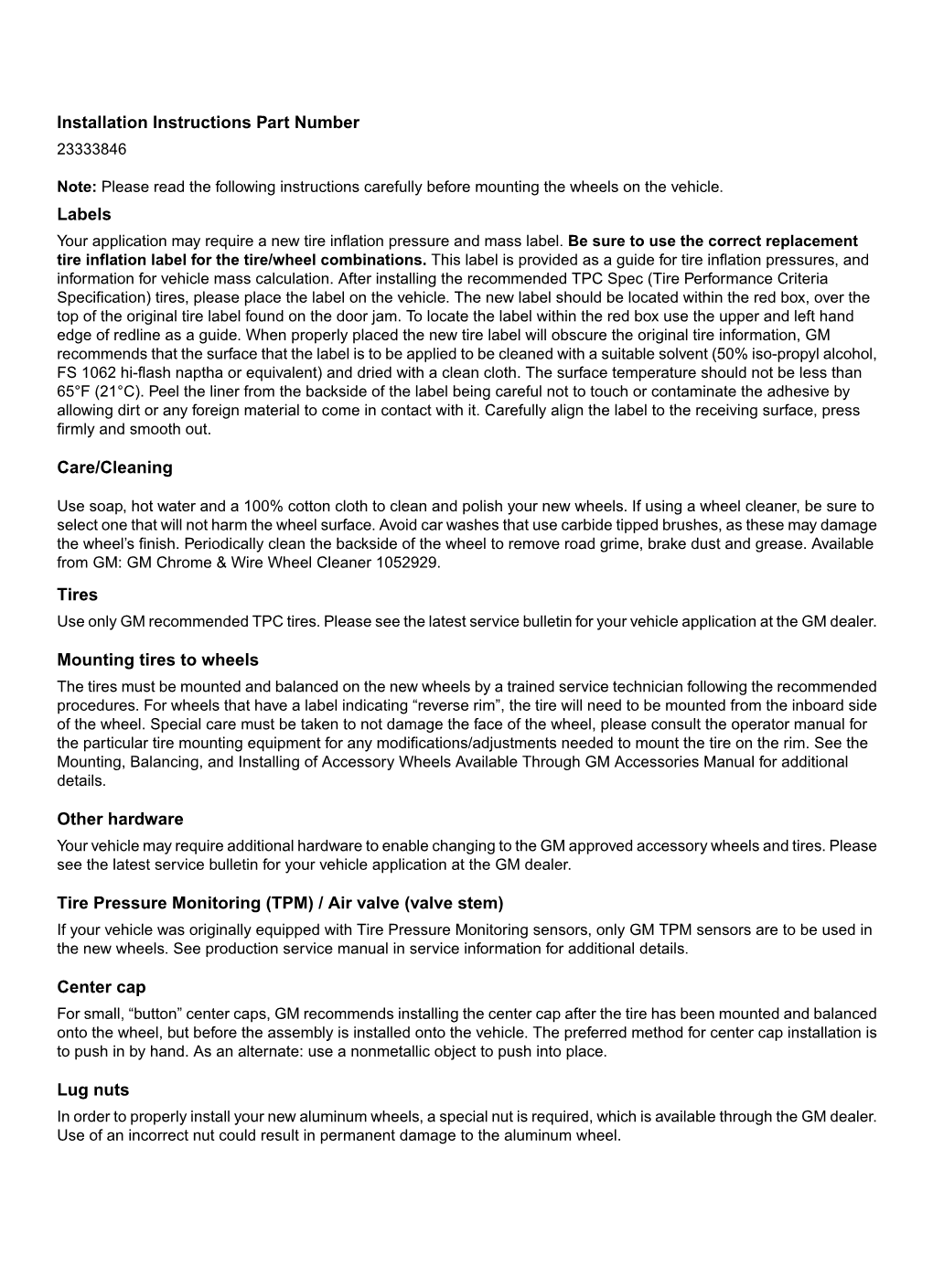 Installation Instructions Part Number Labels Care/Cleaning Tires