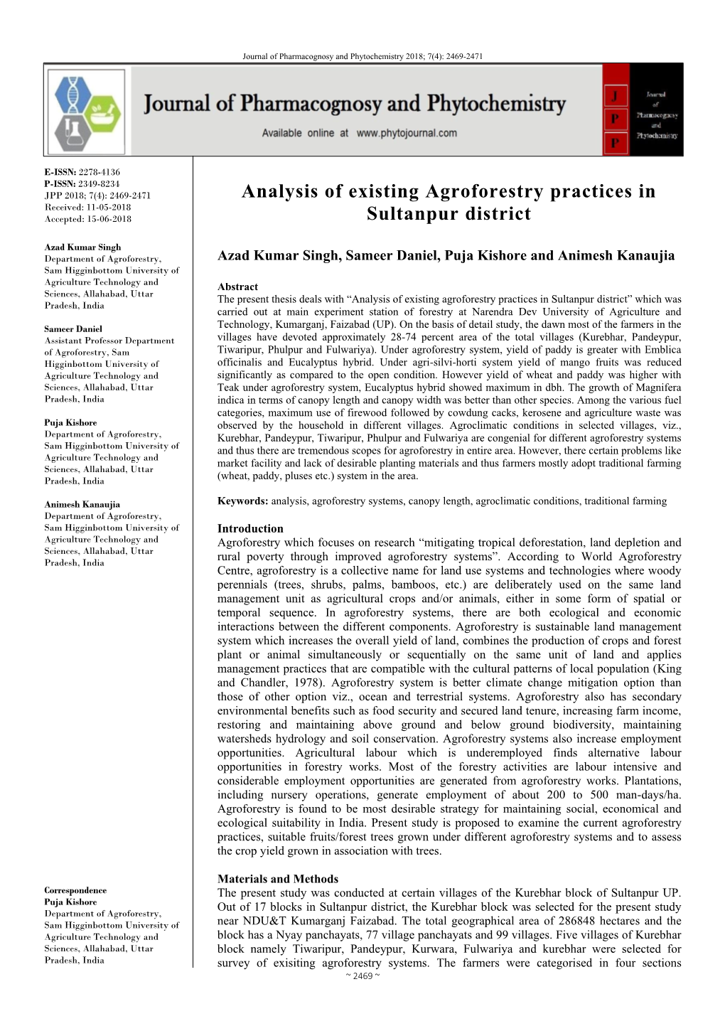 Analysis of Existing Agroforestry Practices in Sultanpur District