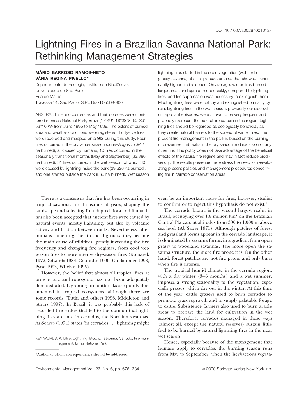 Lightning Fires in a Brazilian Savanna National Park: Rethinking Management Strategies