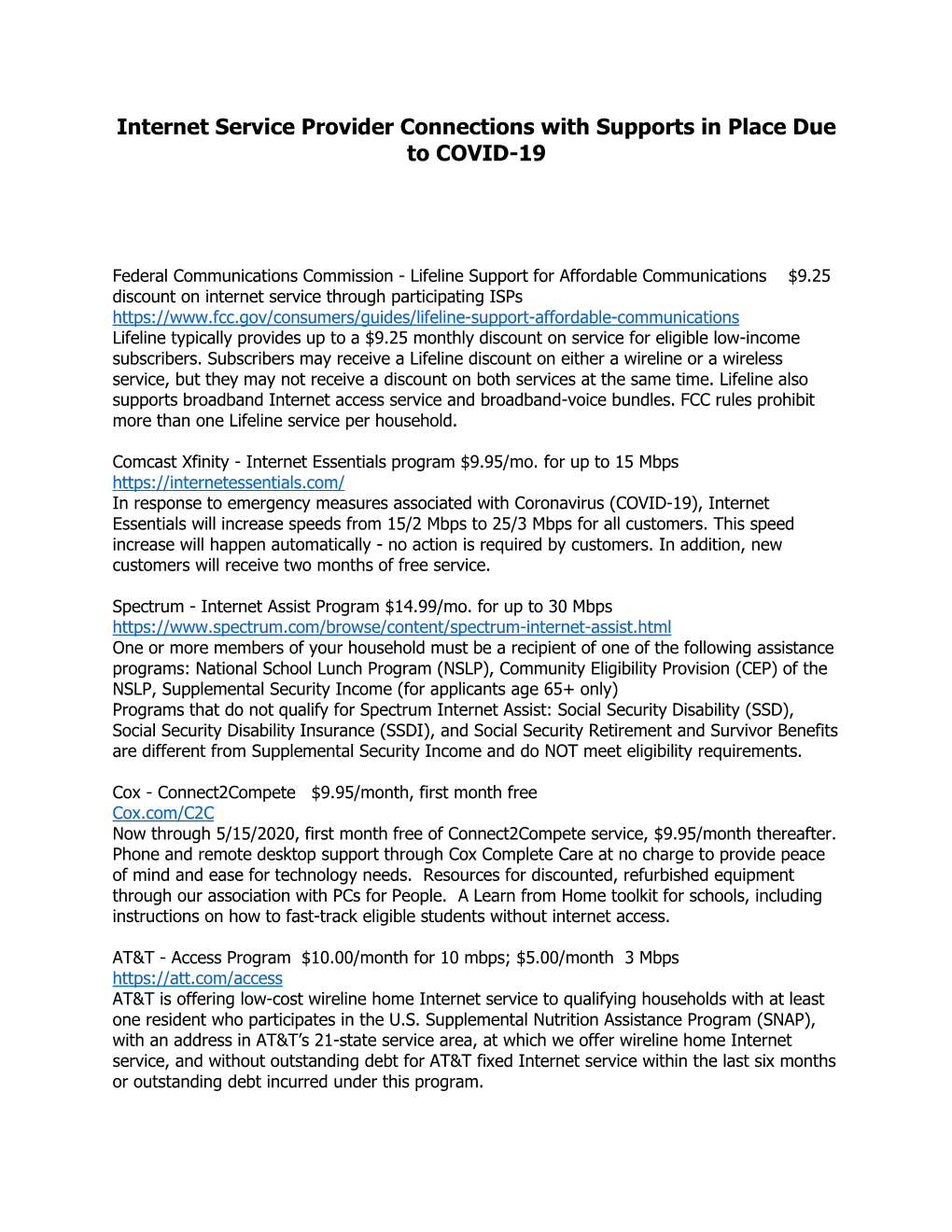 Internet Service Provider Connections with Supports in Place Due to COVID-19